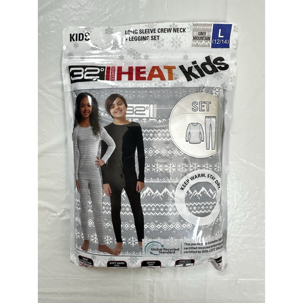32 Degrees Heat Kids Baselayer Long Sleeve Crew Neck & Legging Set, Gray L 12/14